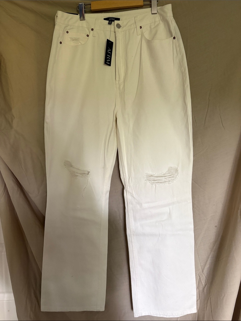 AFRM Cream-White Straight Jeans with Subtle Knee Distress
